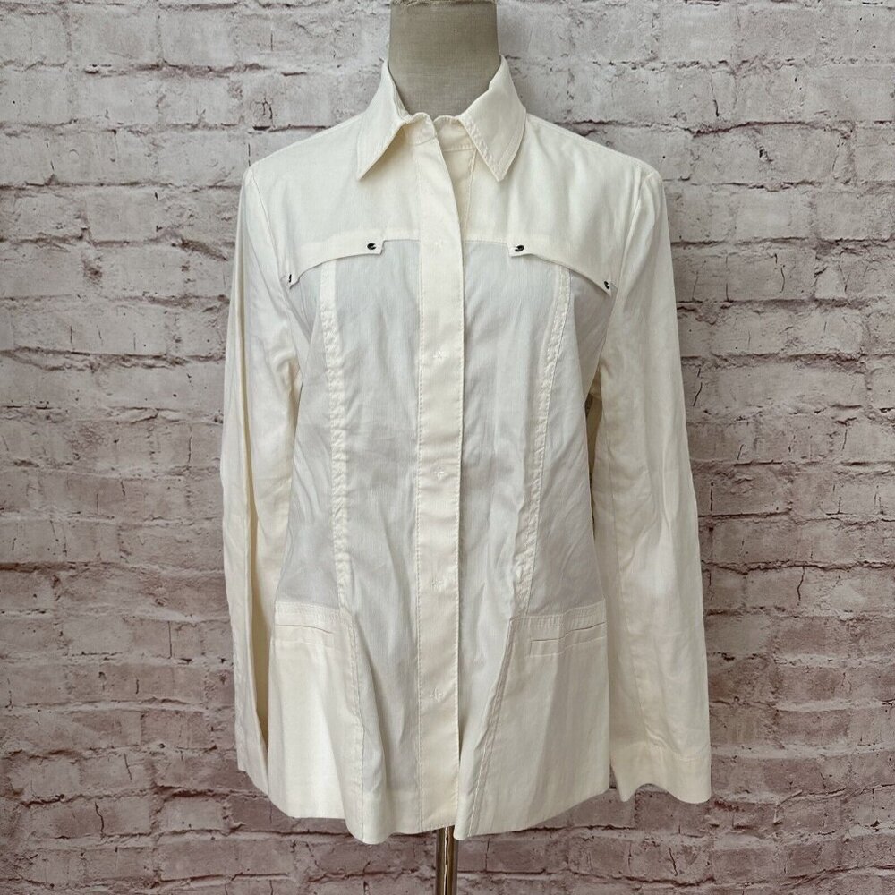Coldwater Creek Womens Snap Front Shirt Jacket Ivory White Size 8 Linen Blend